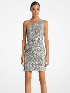 Michael Kors Silver Sequin One-Shoulder Dress
